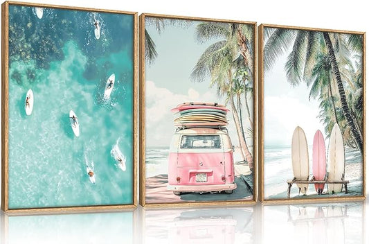 HOURIA Summer Surfboard Beach Framed Canvas Wall Art Set,Modern Ocean Surfing Seascape Wall Decor,Coastal Bus Coconut Tree Wall Painting,Nature Botanical Art Prints for Living Room, Bedroom-16 x24 x3
