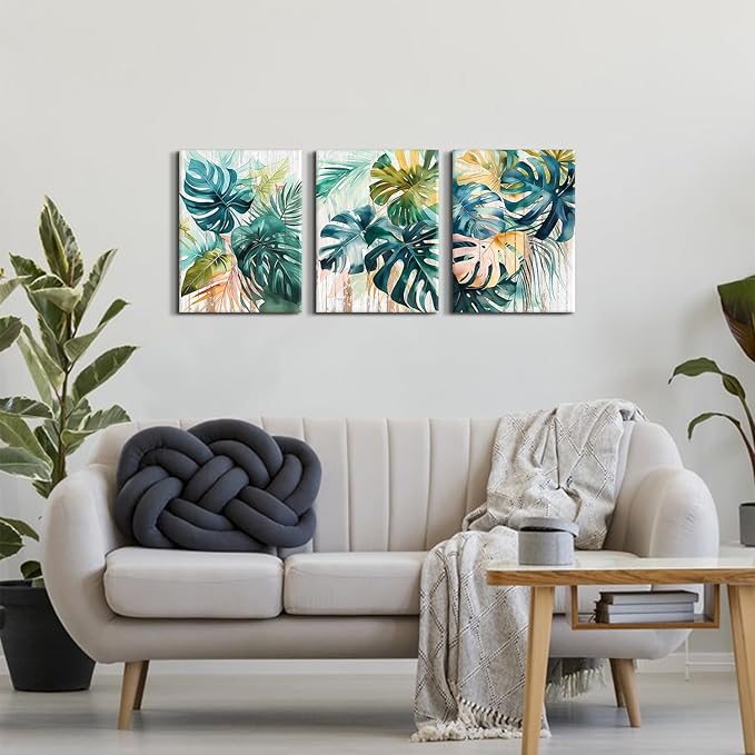Tropical Monstera Wall Art Leaf Pictures Wall Decor for Bathroom Abstract Watercolor Sage Green Palm Leaves Paintings Botanical Canvas Prints Posters Artwork Home Living Room Decoration 12x16" 3Pcs
