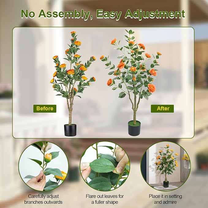 4ft Artificial Camellia Tree with White Silk Flowers - Realistic Faux Flowering Plant for Indoor/Outdoor Decor, Home Staging & Wedding Centerpieces Set of 2-Orange