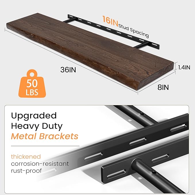 Fun Memories Wood Floating Shelves, 36 Inch Floating Shelves for Wall, Wall-Mounted Live Edge Wooden Shelves with Invisible Heavy-Duty Brackets for Books, Bathroom, Kitchen, Walnut Finish