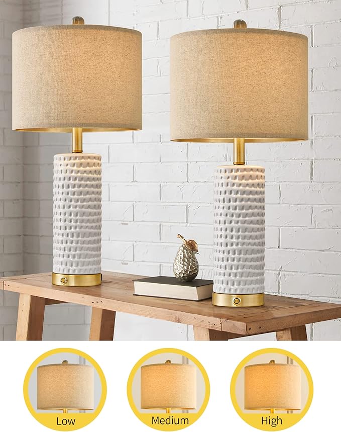 PORTRES 24" Farmhouse 3-Way Dimmable Touch Ceramic Table Lamp Set of 2 for Bedroom White Bedside Lamps with USB A+C Charging Ports for Living Room Nightstand Lamp End Table Lamps