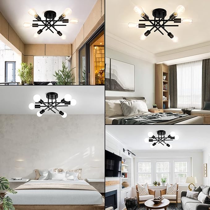 TOBUSA 6-Light Semi Flush Mount Ceiling Light Fixture, Black Sputnik Ceiling Light, Modern Close to Ceiling Light Fixture for Kitchen Bedroom Dining Room Living Room Hallway Chandelier, E26 Socket