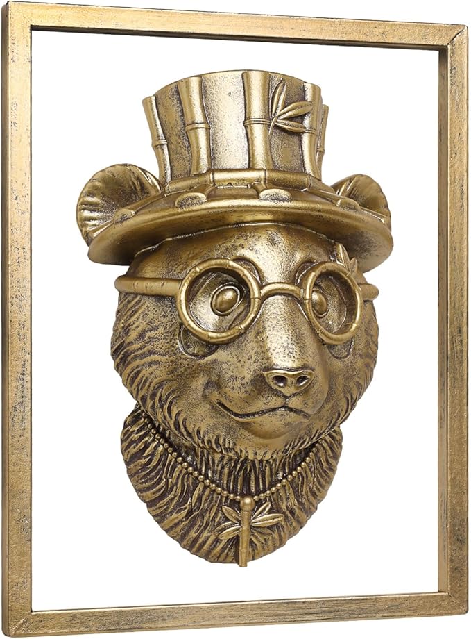 Animal Heads Wall Decor (Includes Metal Frame) Resin Animals Sculptures Head Wall Hanging Decoration Gold vintage Wall Sculpture for Living Room Bedroom Office(Panda)