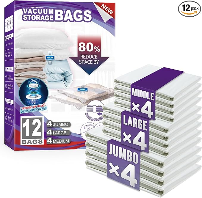 TAILI 12 Pack Combo Vacuum Storage Bags, Vacuum Seal Bags for Clothing (4 Jumbo, 4 Large, 4 Medium), Space Saver for Bulky Beddings, Comforters, Blanket, Closet Organization Space Saving