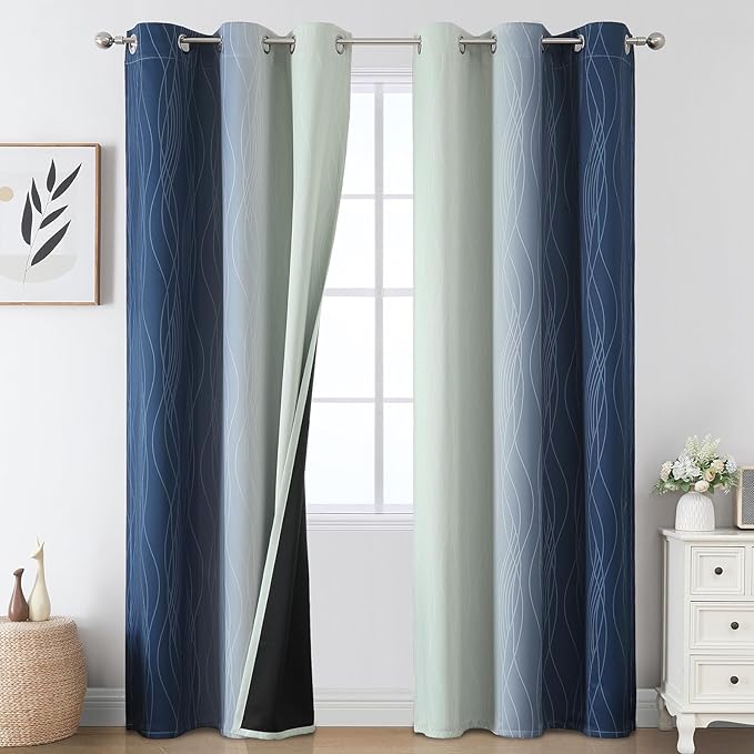 Estelar Textiler Navy Blue and Sage Green Ombre Blackout Curtains for Bedroom, Thermal Insulated Full Room Darkening Grommet Gradient Drapes for Living Room, 42Wx84L, 2 Panels