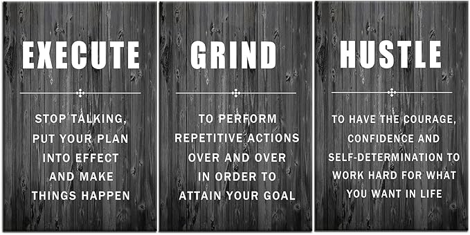 Inspirational Wall Art Execute Grind Hustle Motivational Poster 3 Pieces Canvas Prints Artwork for Living Room Modern Home Decor Painting Pictures Stretched and Framed Ready to Hang [72''Wx 36''H]