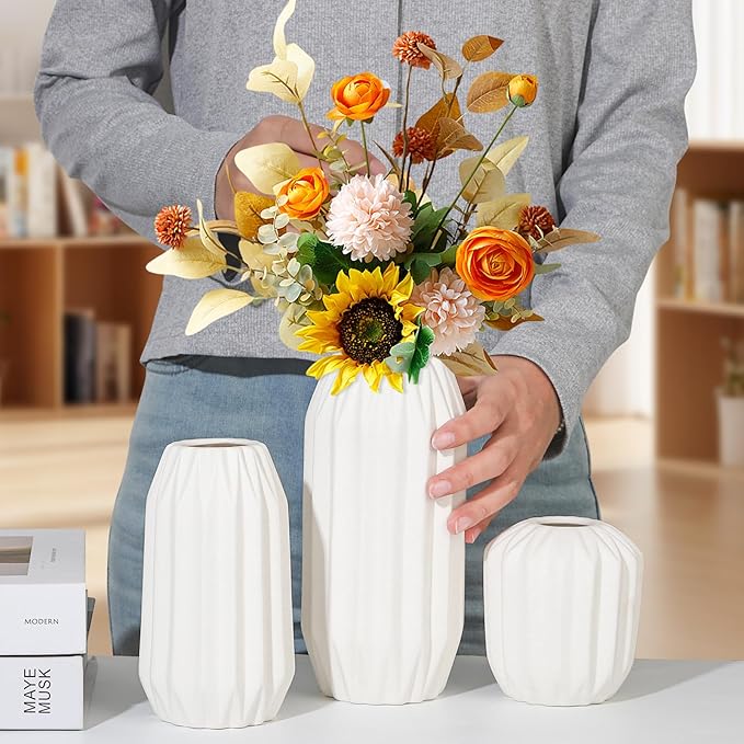 Ceramic Vase Set of 3, White Vase for Modern Home Decor, Decorative Vases for Bouquet Pampas Grass Dried Flowers, Living Room, Bedroom, Bathroom, Shelf Centerpiece Table Decorations
