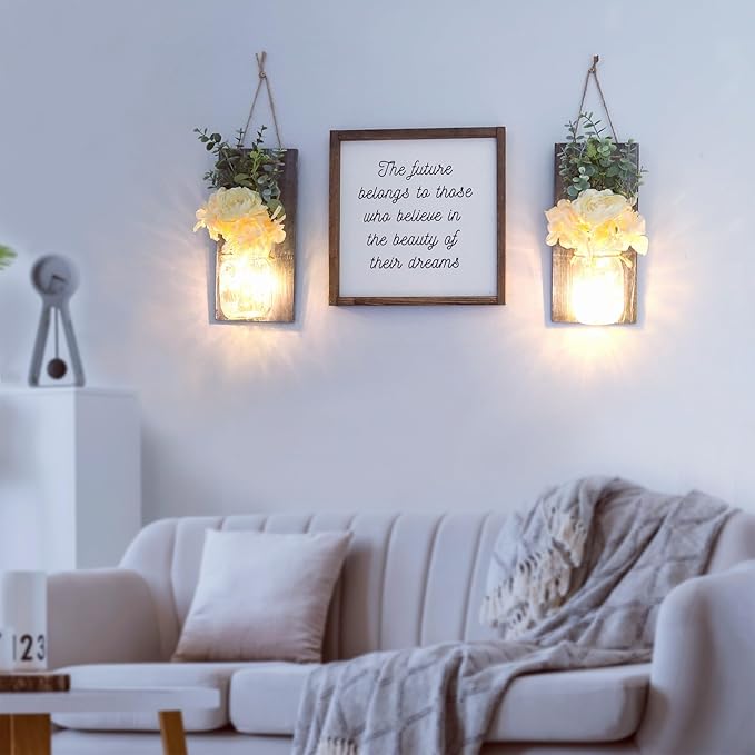 Besuerte Modern Farmhouse Wall Decor, Country Wall Decor for Bedroom, Living Room, Kitchen, Rustic Wall Art with Led Fairy Lights & Rose Flowers, Wall Art Set of 2, Large Grey