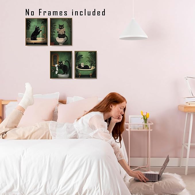 FITIE Funny Black Cat Bathroom Wall Art Prints Set of 4, Funny Black Cat Reading on Toilet Bathtub Wall Art Posters for Bathroom Washroom Restroom Decor, 8x10 Unframed