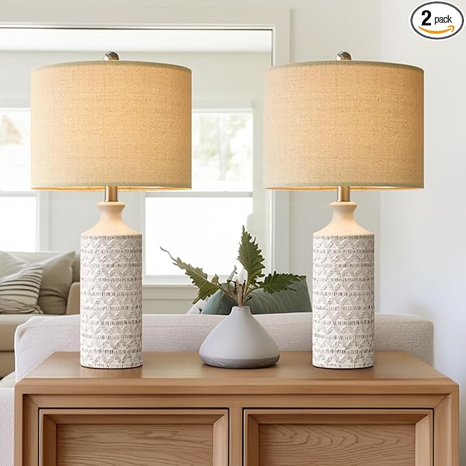 PoKat 24'' Lamps for Night Stands, Ceramic Table Lamps for Living Room, Modern Nightstand Lamps Set of 2, Bedroom Lamps for Bedside End Table, Bedroom, Living Room, White