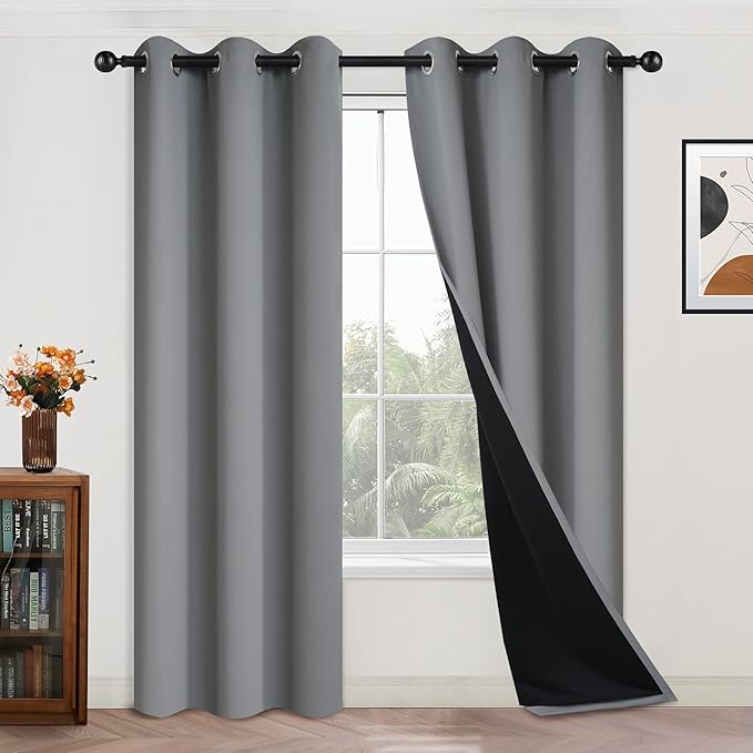 Yakamok 84 Inch Length 100% Blackout Curtains for Bedroom, 2 Thick Layers Thermal Insulated Grommet Total Blackout Drapes with Black Liner for Living Room (42Wx84L,Grey, 2 Panels)