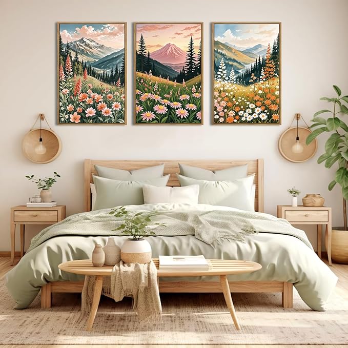ANHUIB Colorful Landscape Wall Art 16x24 Inch Abstract Mountain Forest Wall Decor Wildflower Blossom Artwork Nature Scenery Painting Set of 3 for Living Room Bedroom Dining Room