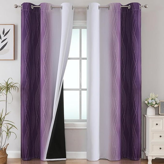 Estelar Textiler Purple and Greyish White Room Darkening Blackout Curtains 84 Inches Long for Living Room, Thermal Insulated Ombre Light Blocking Grommet Blackout Drapes for Bedroom, 42Wx84L, 2 Panels