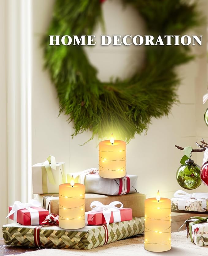 Da by Flameless Candles with String Lights，Battery Operated Candles,LED Flickering Candles with Remote Control and Timer, Real Wax, 3 Pack-Ivory