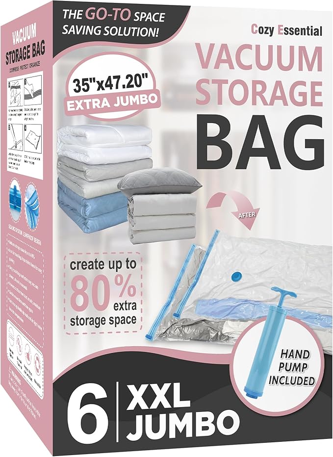 6 Pack XXL Jumbo Vacuum Storage Bags, Extra Large Vacuum Seal Bags for Comforters, Bedding, Blanket Storage, Giant Space Saver Bags for Huge Stuffed Toy (47.2x35 in)