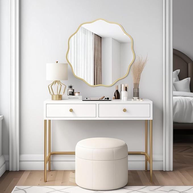 WallBeyond Round Wavy Mirror for Wall Decorative 24 inch, Modern Round Mirror Aluminum Frame for Bathroom Bedroom Living Room Home House Office Entryway, Gold