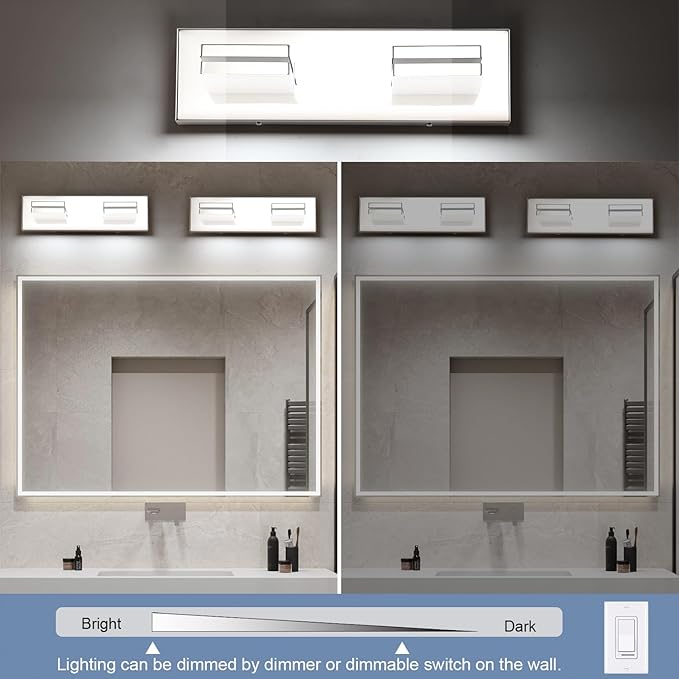 SineRise LED Modern Bathroom Vanity Light Fixtures (2-Light, 15.5-Inch, Dimmable), Chrome Modern Acrylic Bathroom Wall Lighting Fixtures Over Mirror (Cool White 6000K)