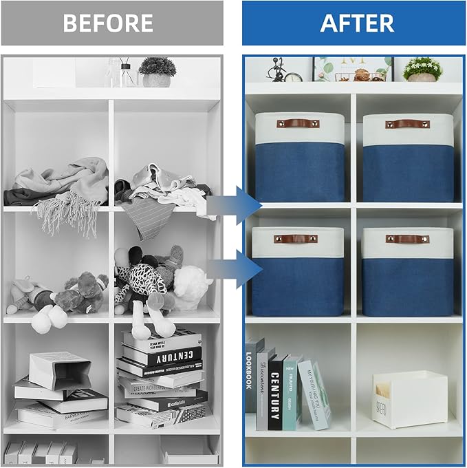 Temary Fabric Storage Cubes 11x11 Cube Storage Bins 4Pack Blue Storage Baskets for Organizing Home, Closet, Empty Gift Baskets with Handles (White&Blue)