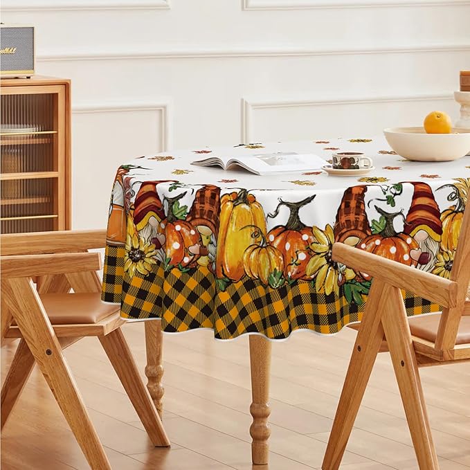 Horaldaily Fall Tablecloth 60×84 Inch Oval, Thanksgiving Autumn Harvest Orange Truck Gnome Pumpkin Buffalo Plaid Table Cover for Party Picnic Dinner Decor