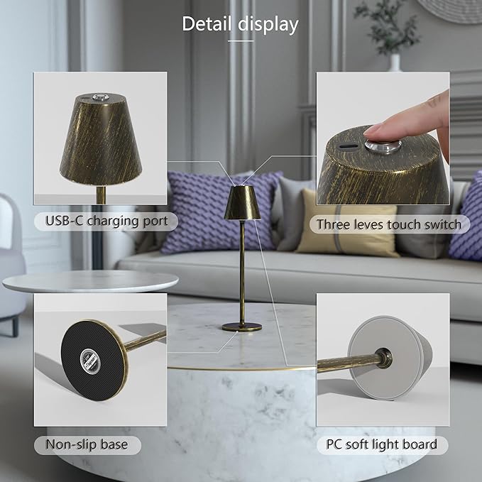 LED CordlessTable Lamp,4000mAh Rechargeable Battery Desk lamp,3 Level Brightness Night Light, Minimalist Design, for Couple Dinner/Coffee Table/Restaurant/Bedroom(Vintage Copper)