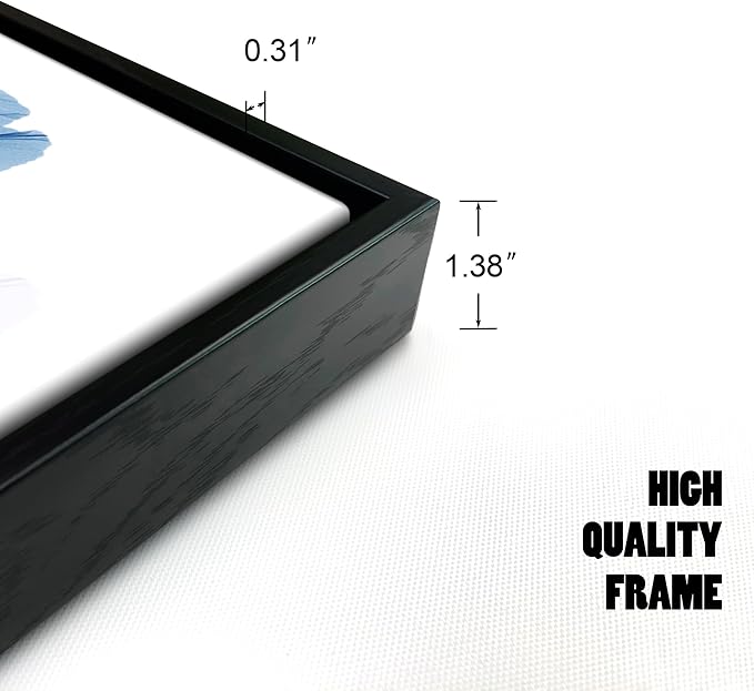 Pyradecor Large Black Framed Canvas Wall Art Abstract Blue Flickering Flower Modern Grace Floral Pictures Paintings Artwork for Bedroom Office Home Decorations