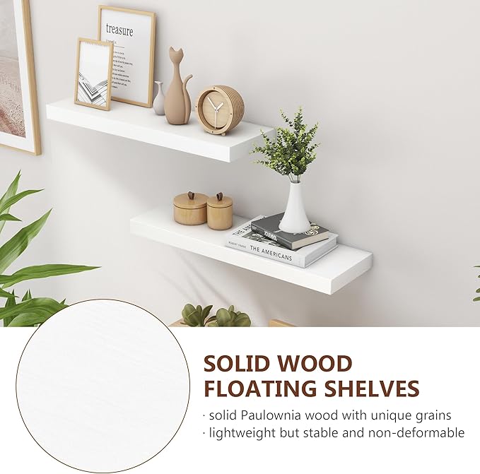 fuqing White Floating Shelves for Wall - 24 Inch Wide x 6.7 Inch Deep Solid Wood Shelves Set of 2 - White Wood Ledge Shelf for Bedroom Bathroom Living Room Kitchen