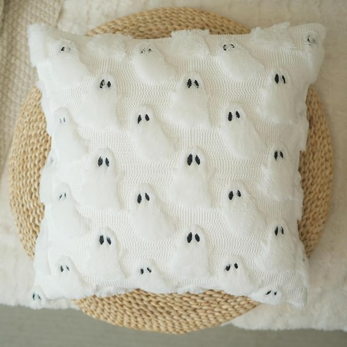 GEEORY Halloween Ghost Soft Plush Pillow Covers, 18 x 18 Inch Set of 2, Fluffy Faux Fur Wool Decorative Farmhouse Cushion Case for Sofa Home Decoration White GC026-18