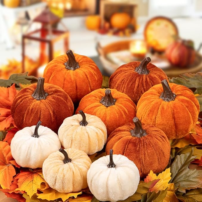 Briful Fall Pumpkins Decoration for Home, 10PCS Assorted Velvet Pumpkins Small Fake Pumpkins for Autumn Harvest Thanksgiving Halloween Party Table Centerpiece Decoration(Beign/Brown/Orange)
