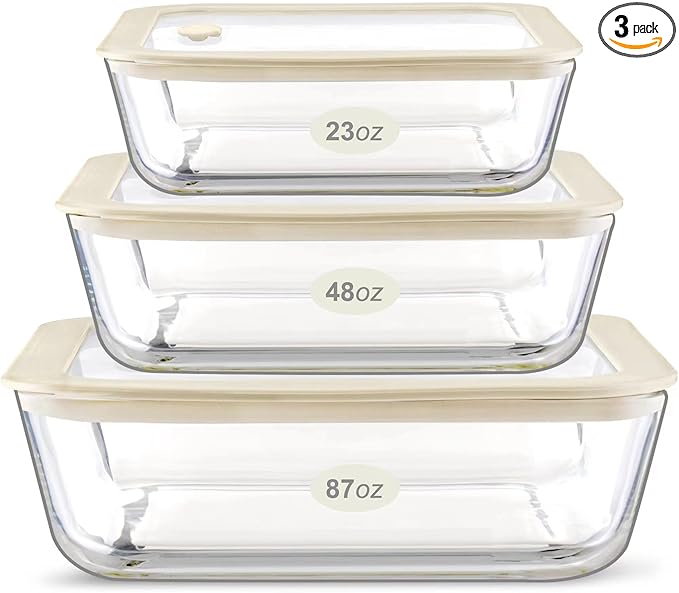 Urban Green Glass Food Container Set with Silicone Glass Lid, 3 Pack, Airtight, LeakProof, 100% Plastic Free, Meal Prep Containers (White Color)