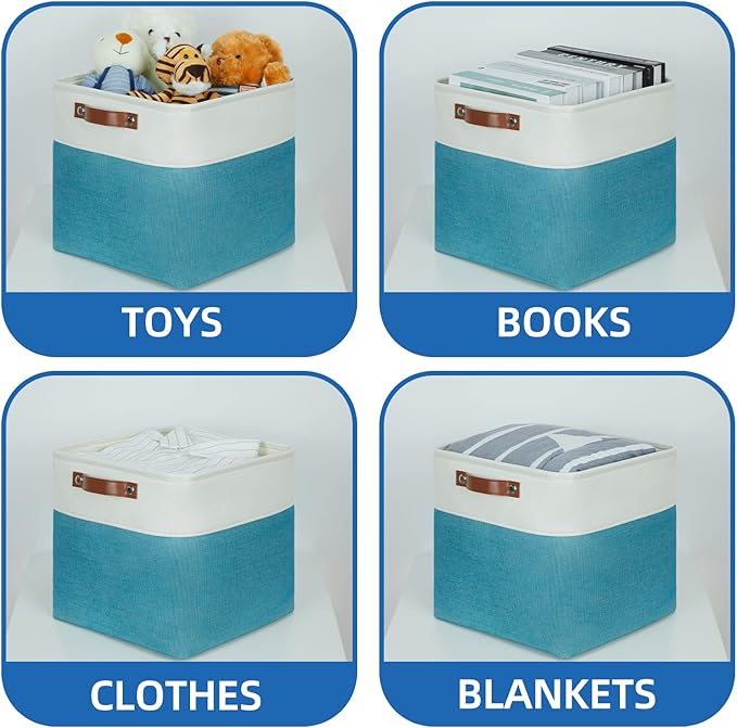 Temary Baskets Storage 12 Inch Fabric Storage Cubes Storage Baskets with Handle, Large Cube Storage Bins for Storage Books, Blankets, Clothes Baskets for Gift (White&Teal)