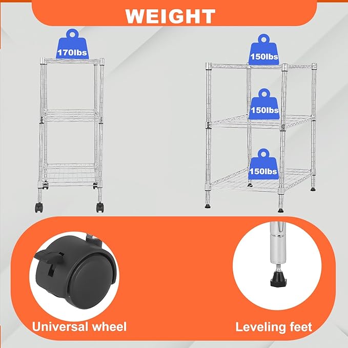 PayLessHere | 3-Tier Wire Shelf with Wheels | 23"x13"x31" | Chrome | Adjustable Racks | Heavy-Duty Storage Shelves, Holds Upto 170 lbs | Rust-Resistant, No-Tool Assembly | for Home, Garage Shelving