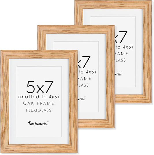 5x7 Picture Frame, Solid Oak Wood 5 x 7 Frame with Plexiglass, 5 by 7 Photo Frame for Wall & Tabletop Display, 5x7 Picture Frame Matted to 4x6, Natural Oak Color, 3 Pack