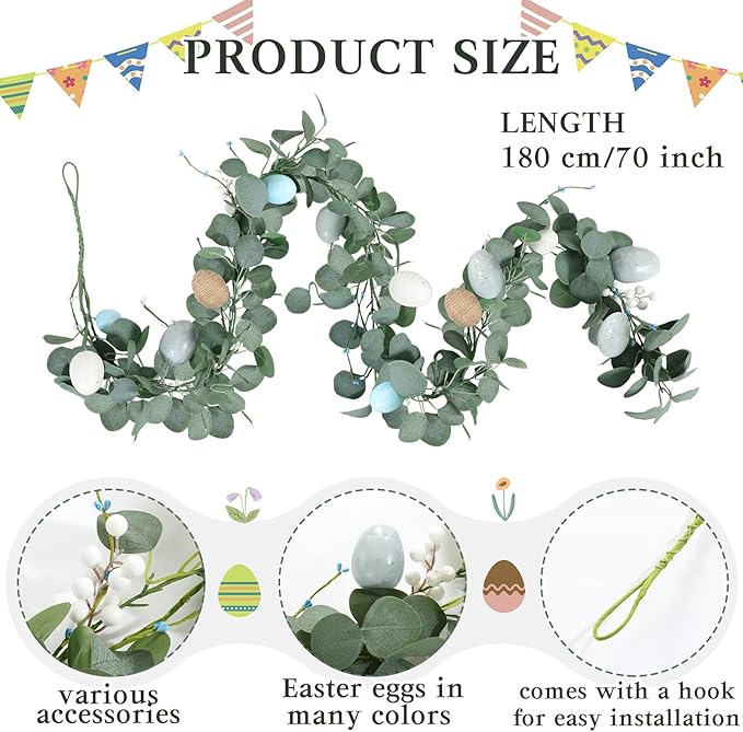 Zeyune 1 Pcs 6ft Long Easter Artificial Garland with Eggs Spring Mixed Eucalyptus Garland Farmhouse Hanging Rustic Easter Garlands Decor for Front Door Kitchen Fireplace Home Indoor Outdoor