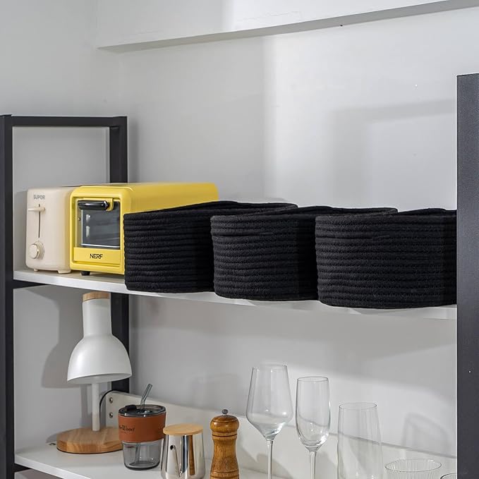 CubesLand Black Baskets Bins for Organizing,Small Woven Storage Baskets for Shelves,Cute Closet Cube Bins Set 3,Baby Nursery Toys Cube Bin,Home Decor Organization Storage