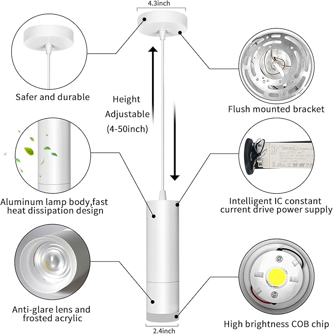 OKELI Modern Pendant Lights,White LED Mini Kitchen Island Lights Adjustable Focus Pendant Lighting for Kitchen Island Bedroom Dining Room Bar Shop,20W,4000K,ETL5026458(3 Pack)