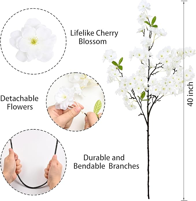 Sunm Boutique White Cherry Blossom Flowers, Artificial Cherry Blossom Decor Faux Cherry Blossom Branches Vase Arrangements for Wedding Home Party Kitchen Decor, Set of 3