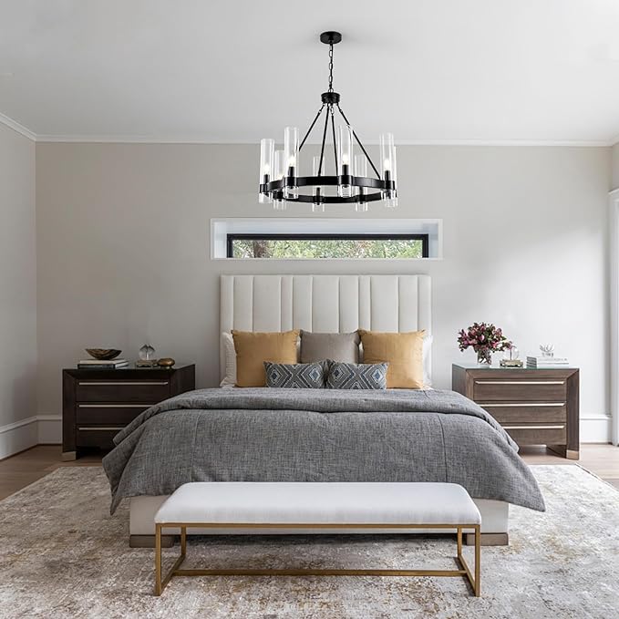 Black Wagon Wheel Chandeliers with Glass Shade, 8-Lights Farmhouse Chandeliers for High Ceiling, 28 Inch Round Black Pendant Light Fixtures for Dining Room, Living Room, Bedroom, Foyer