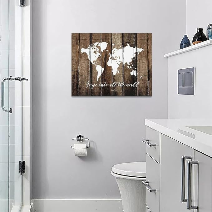 Large World Map Wall Art Rustic World Map Pictures Wall Decor Go Ye Into All The World and Preach The Gospel Canvas Painting Print Home Artwork Framed for Living Room Bathroom Master Bedroom 16"x12"