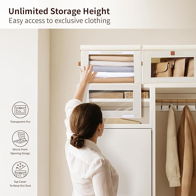 Large Closet Storage Organizer - Clothes Storage Bins with Handles & Window, Collapsible Decorative Boxes with Lids, Fabric Containers for Living Room, Dorm, 2 Pack, Beige