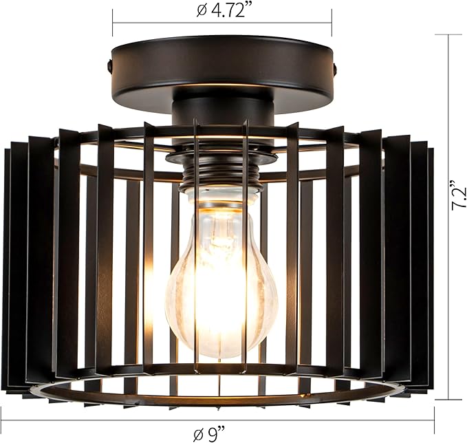 Ceiling Light Fixture Industrial Black Iron Cage Flush Mount, 9 - inch Diameter, Hallway Light Fixtures Modern Ceiling Lights for hallways Eentryway Bathroom Bedroom Kitchen
