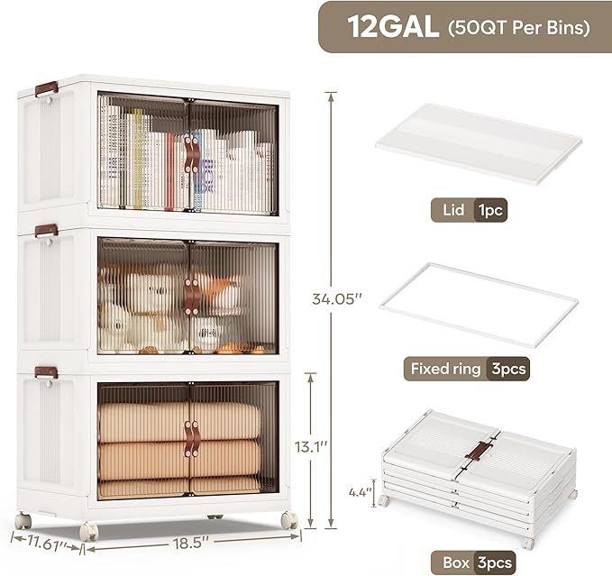 Jalove 50QT Plastic Storage Bins with lids, Stackable Collapsible Storage Containers with Wheels, Closet Organizer and Storage Drawers, Clothes Storage Cabinet for Home Office Garage, 3Pack White