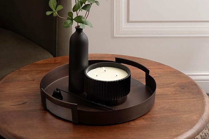 Kate and Laurel Myo Transitional Metal Round Tray; 15 Inch Diameter; Bronze; Modern Glam Circular Decorative Serving Tray with Handles for Use as Living Room Ottoman Table or Entryway Tray Decor