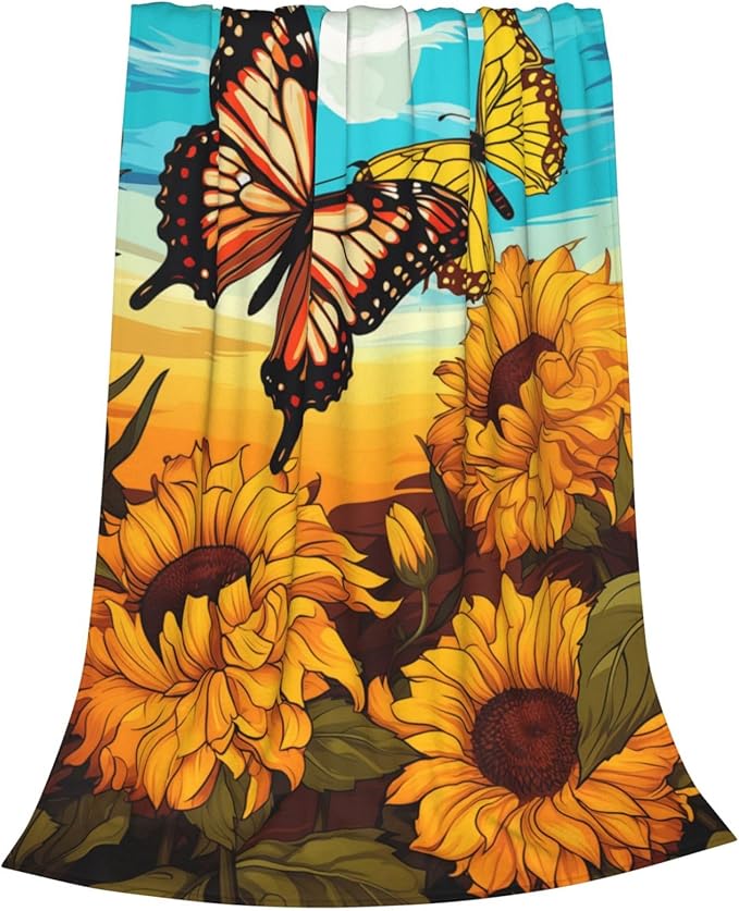 Butterfly Sunflower Blanket Gifts for Grils Women Sunshine Floral Flannel Throw Blankets for Home Couch Bed Sofa Soft Fuzzy Lightweight Decor All Season 80x60 Inches