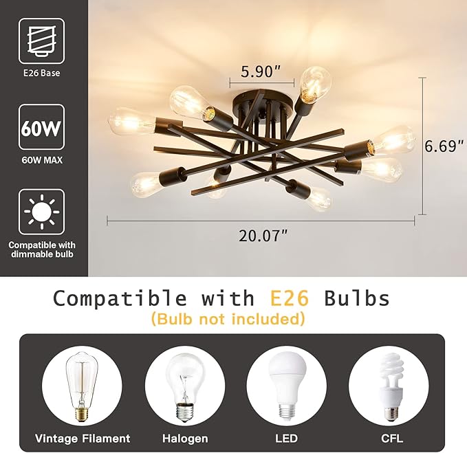ASGYISA 8-Lights Semi Flush Mount Ceiling Light Fixture，Modern Black Vintage Metal Sputnik Chandelier， Ceiling Lamp for Bedroom Kitchen Dining Room Living Room with E26 Bulb Base