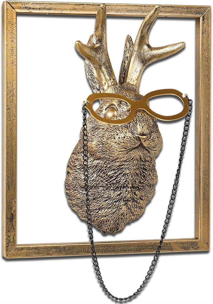 Animal Heads Wall Decor (Includes Metal Frame) Resin Animals Sculptures Head Wall Hanging Decoration Gold vintage Wall Sculpture for Living Room Bedroom Office(Jackalope)