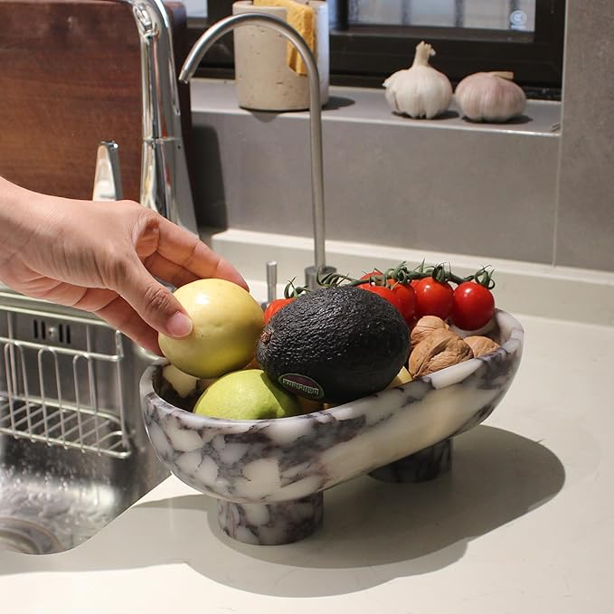 Natural Oval Calacatta Viola Marble Fruit Bowl for Kitchen Counter 10", Large Decorative Bowl Two-Legs for Home Decor, Fruits Holder For Dining Table - Kitchen Organization