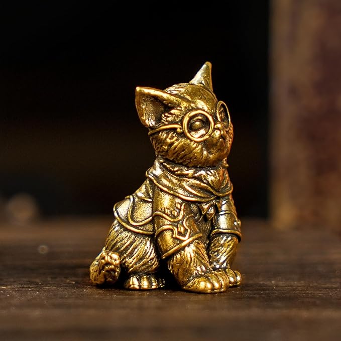 CHOVY Retro Handcrafted Scholarly Cat Ornament - 100% Solid Brass Desk Decor Intellectual Kitten Sculpture with Doctoral Glasses Vintage Style Collectible Art Piece Unique Gift for Cat Lovers
