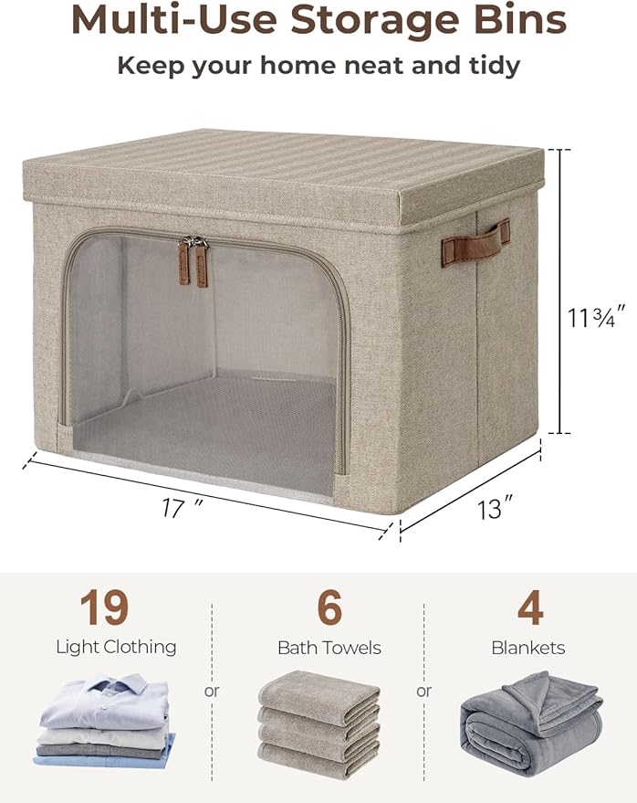 StorageWorks Storage Bins with Lids, Decorative Boxes with Clear Window for Clothes, Fabric Collapsible Baskets for Closet Organization, Large, Brown, 3 Packs