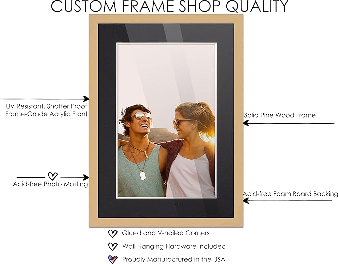 13x18 Frame Natural Wood with Black Mat | 15x20 Frame Matted to 13x18 | Display Your Artwork Under UV Acrylic Shatter Guard Front, with Foam Board Backing and Wall Hanging Hardware - Solid Pine Frame
