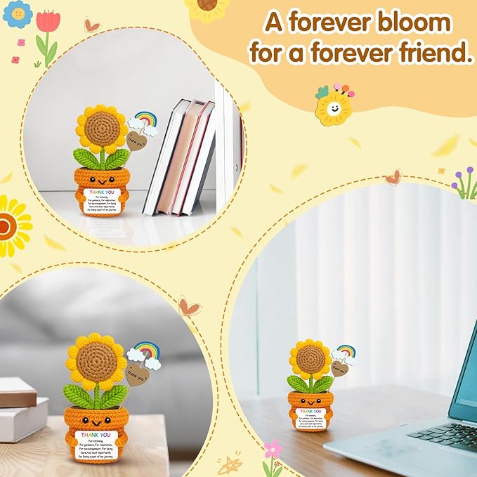 Crochet Sunflower Thank You Gift – Handmade Affirmation Doll with Appreciation Card for Teacher, Mentor, Coworker, Boss – Farewell, Retirement, Graduation, Christmas Office Desk Decor